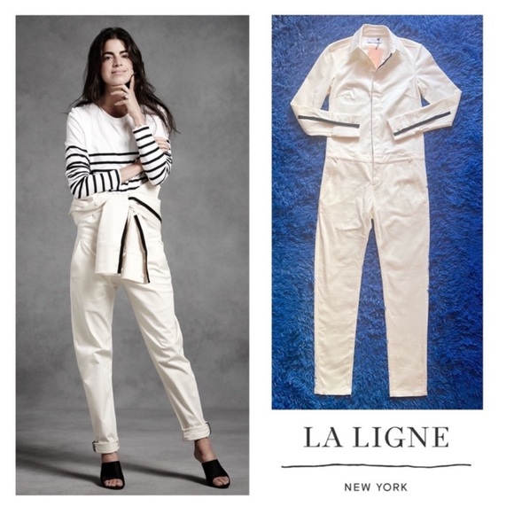New! LA LIGNE Grand Prix Cream Utility Jumpsuit Boiler Suit with Black Trim - Picture 1 of 11